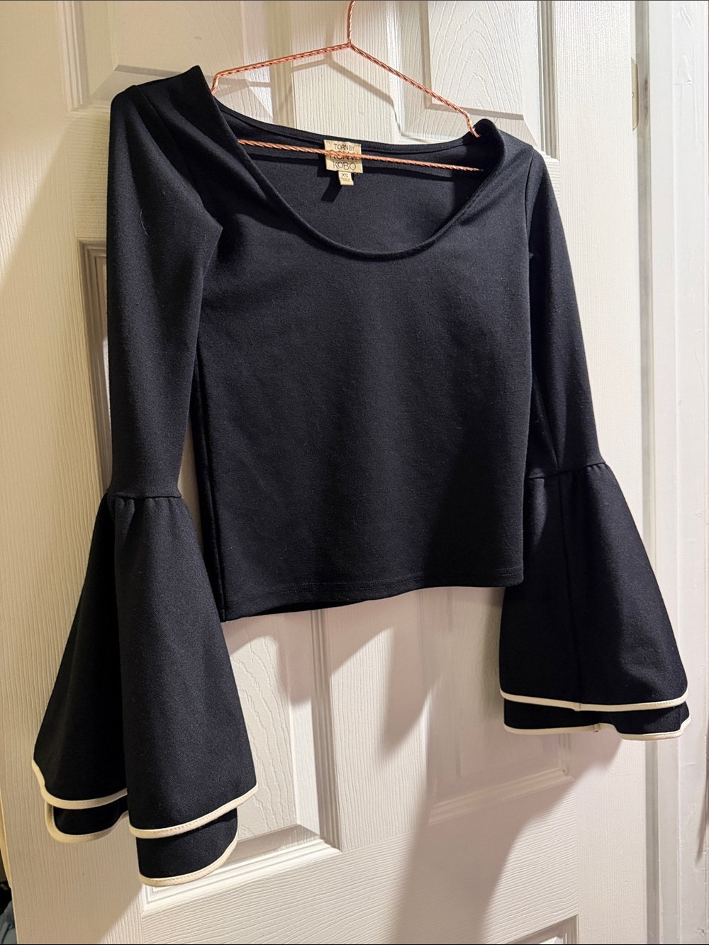 Torn by Ronny Kobo Black Bell-Sleeve Crop Top with White Trim